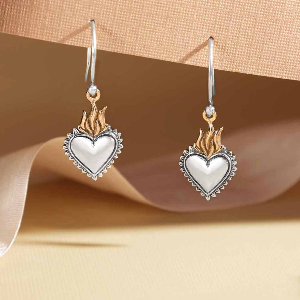 Sterling Silver Heart & Bronze Flame Sacred Heart Earrings SKU: EARMM6665
