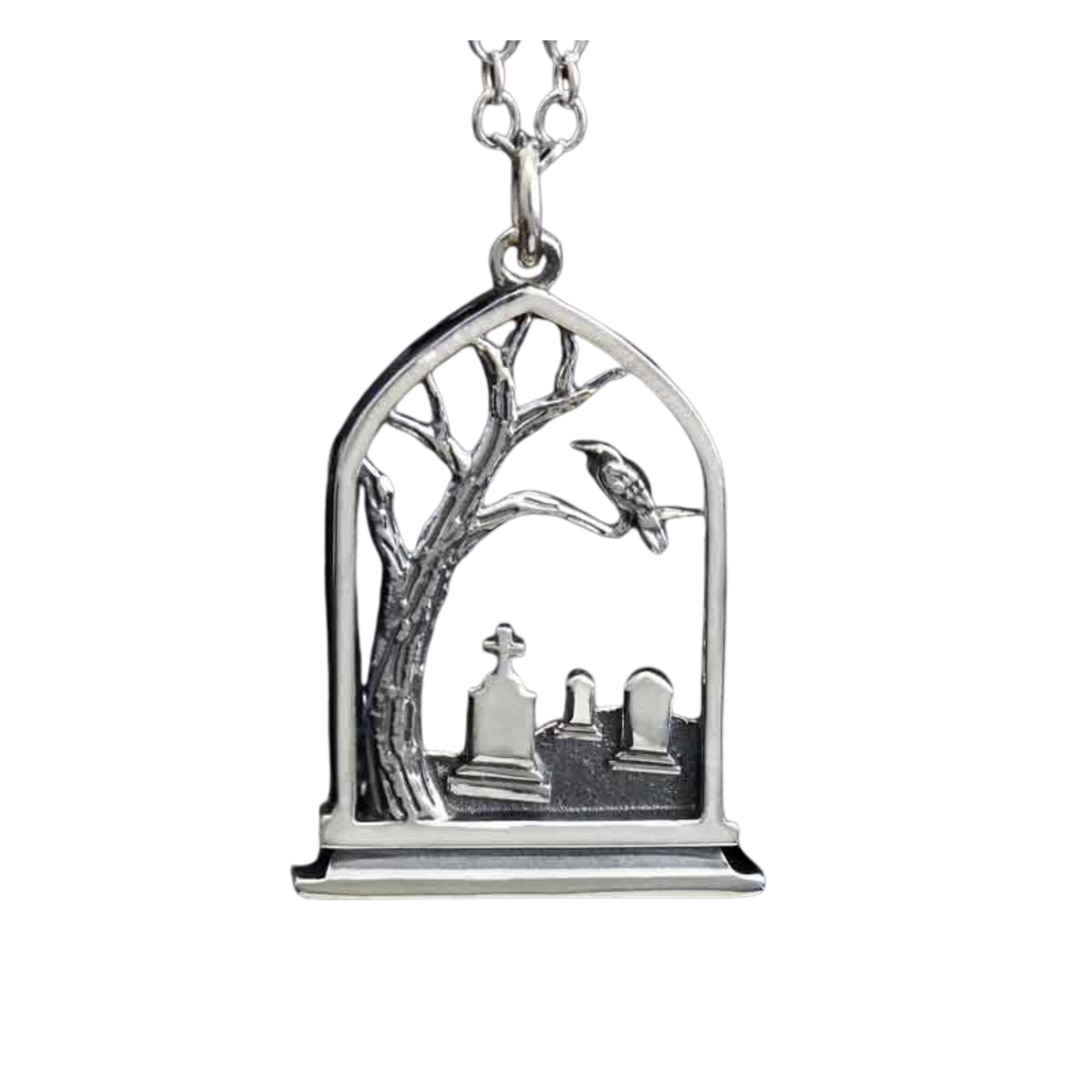 Recycled silver graveyard charm necklace, Gothic cemetery pendant necklace in sterling silver, Graveyard necklace with sterling silver chain, Goth jewelry sterling silver graveyard pendant, Recycled silver graveyard pendant necklace, Sterling silver gothic graveyard charm necklace