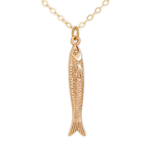 Bronze Sardine Pendant Necklace with Gold-Fill Chain SKU: NECBR1976GF
