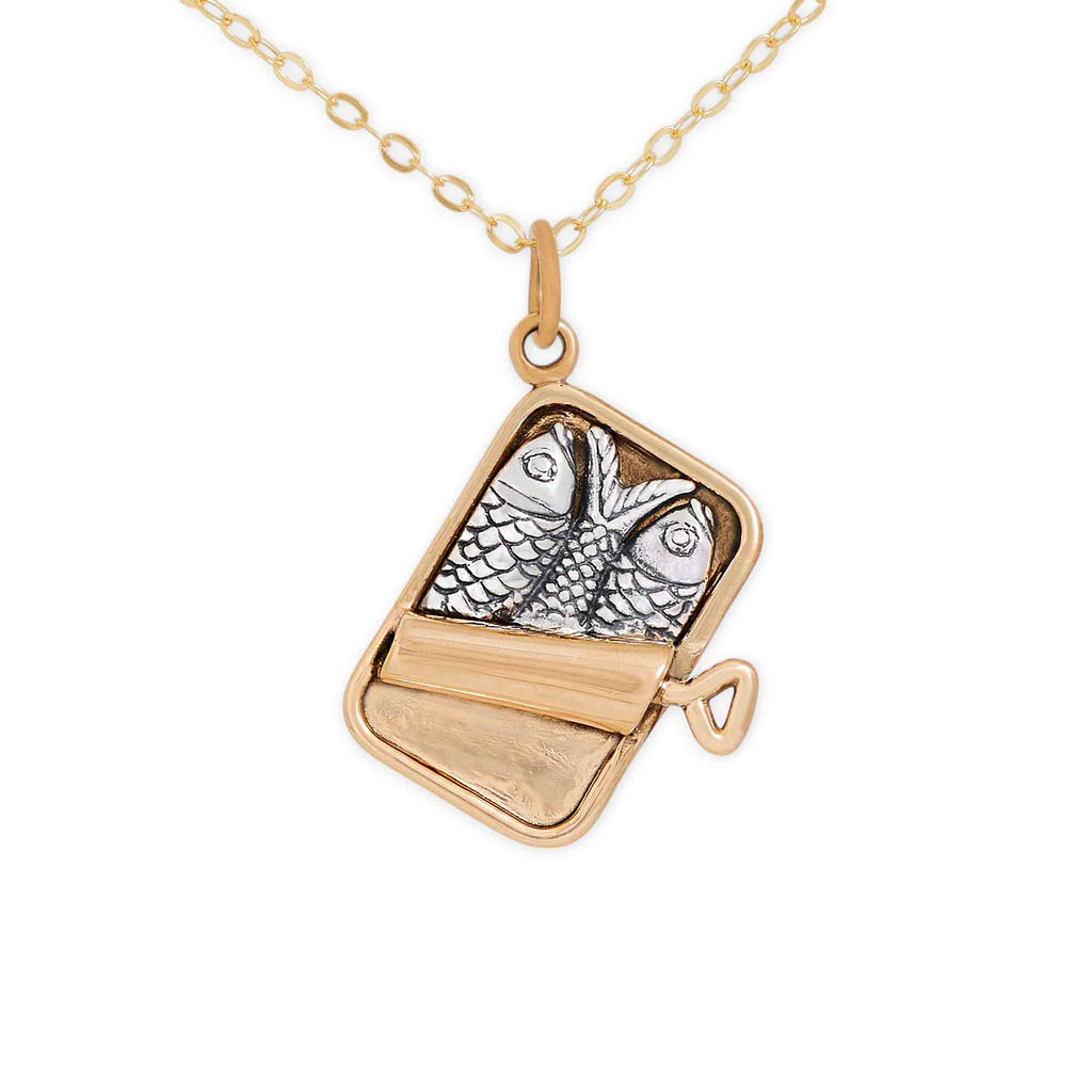 Recycled Sterling Silver & Bronze Sardine Can Pendant Necklace SKU: NECBR6915GF