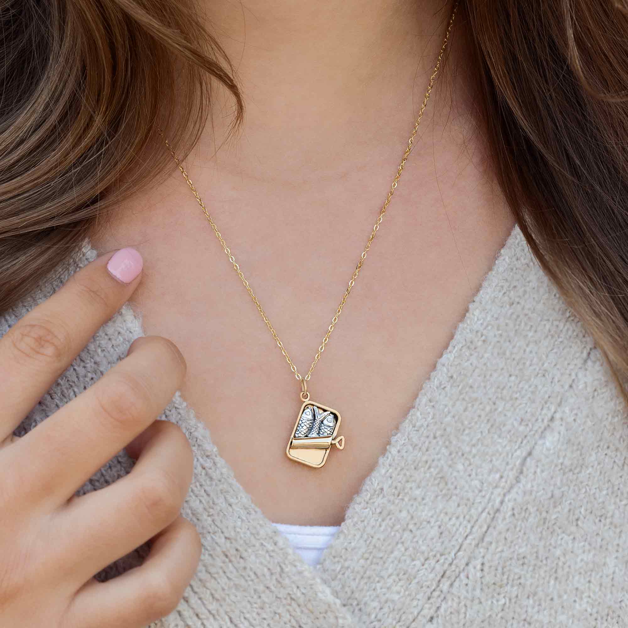Sterling Silver and Bronze Sardine Can Pendant Necklace with Gold-Fill Chain SKU: NECBR6915GF