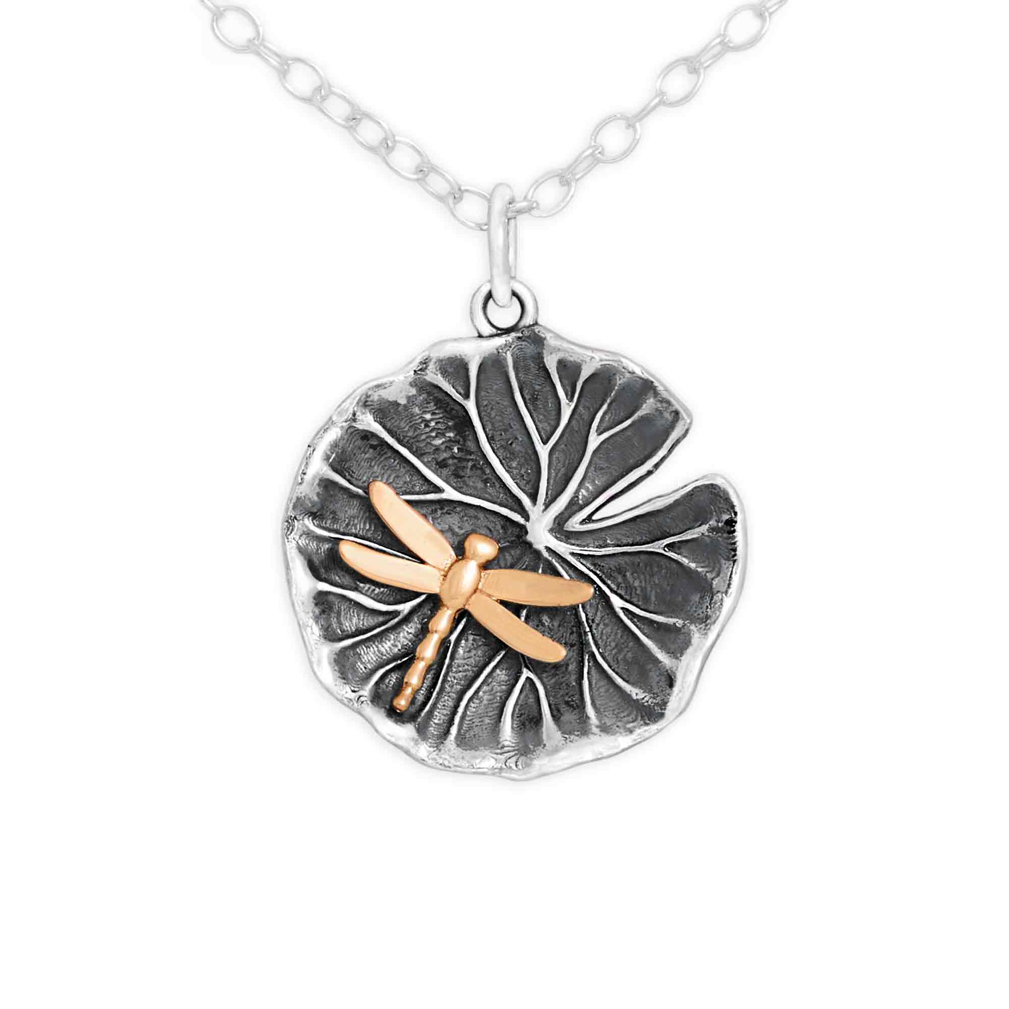 Sterling Silver Lily Pad with Bronze Dragonfly Necklace - NECSS7226SS