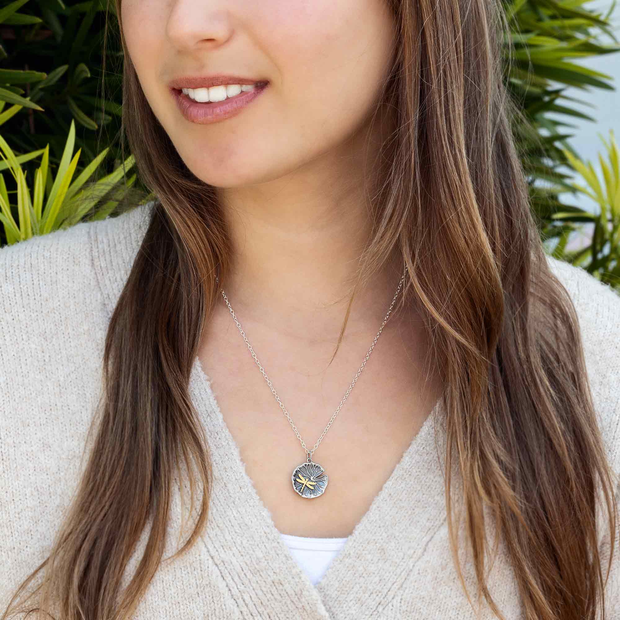 Sterling Silver Lily Pad with Bronze Dragonfly Necklace - NECSS7226SS