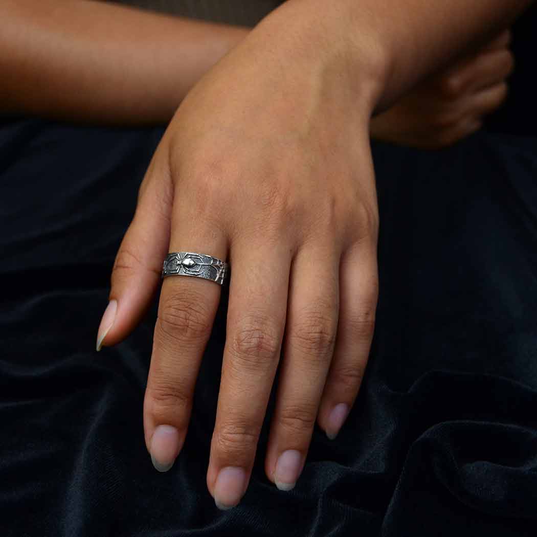 Sterling Silver Wide Band Spider and Web Ring