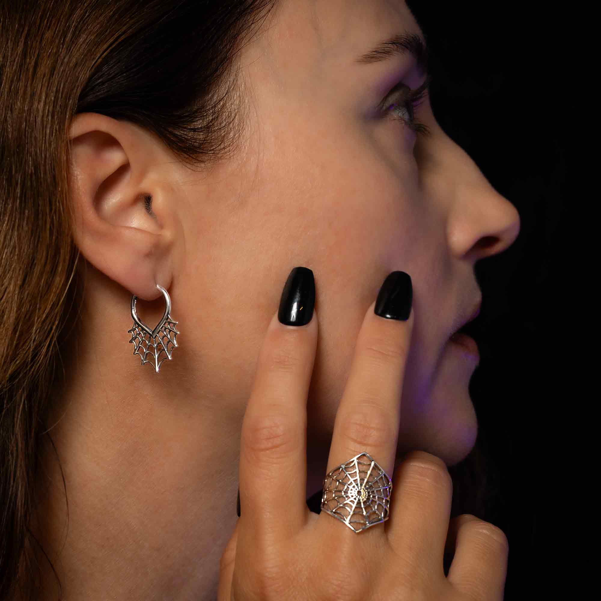 Sterling Silver Spiderweb Huggie Hoop Earrings SKU: EARSS7230