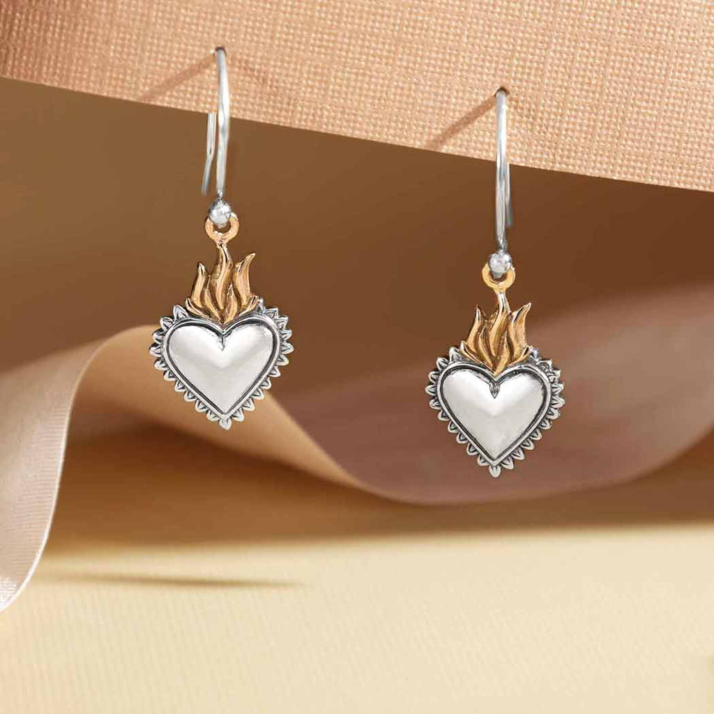 Sterling Silver Heart & Bronze Flame Sacred Heart Earrings SKU: EARMM6665