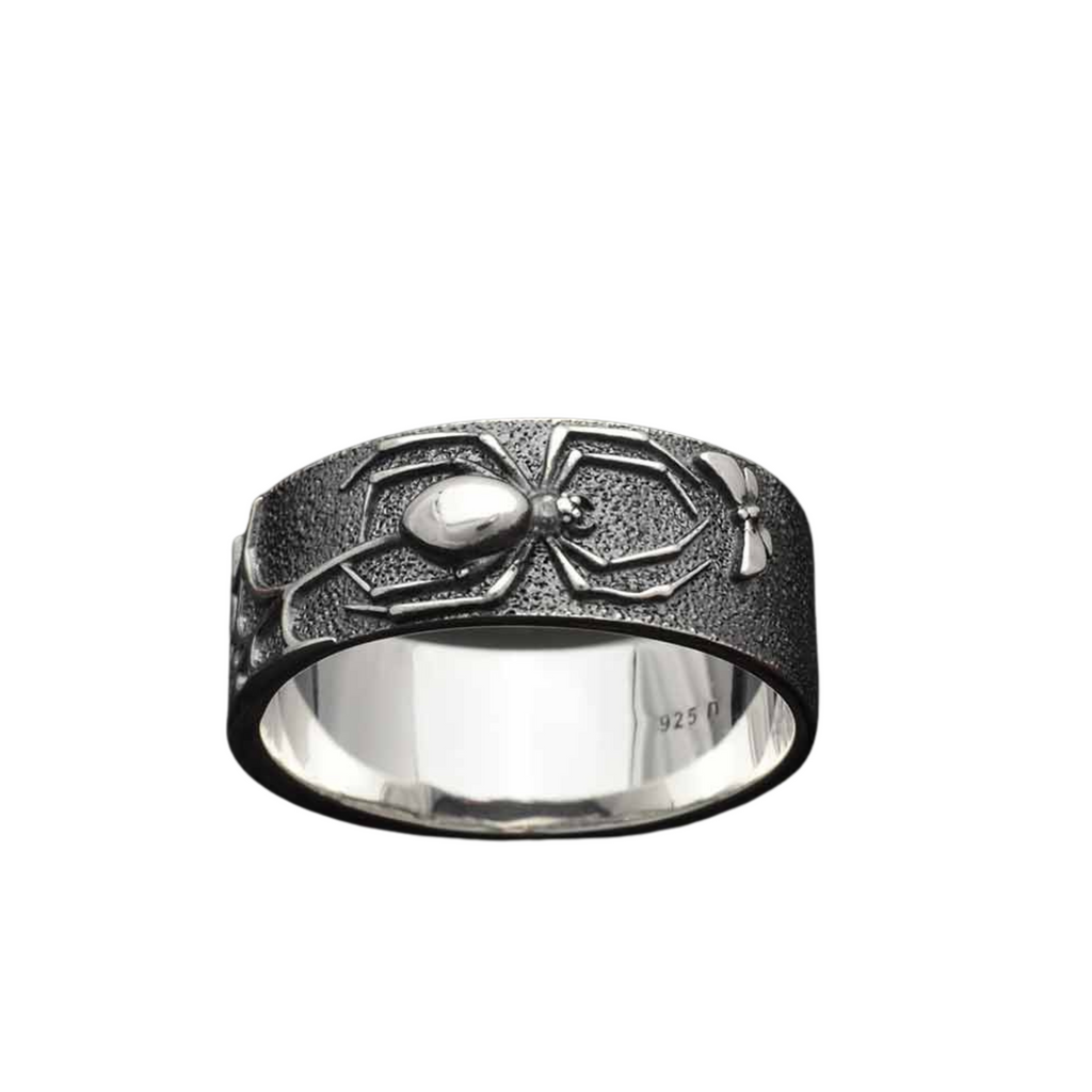 Sterling Silver Wide Band Spider and Web Ring