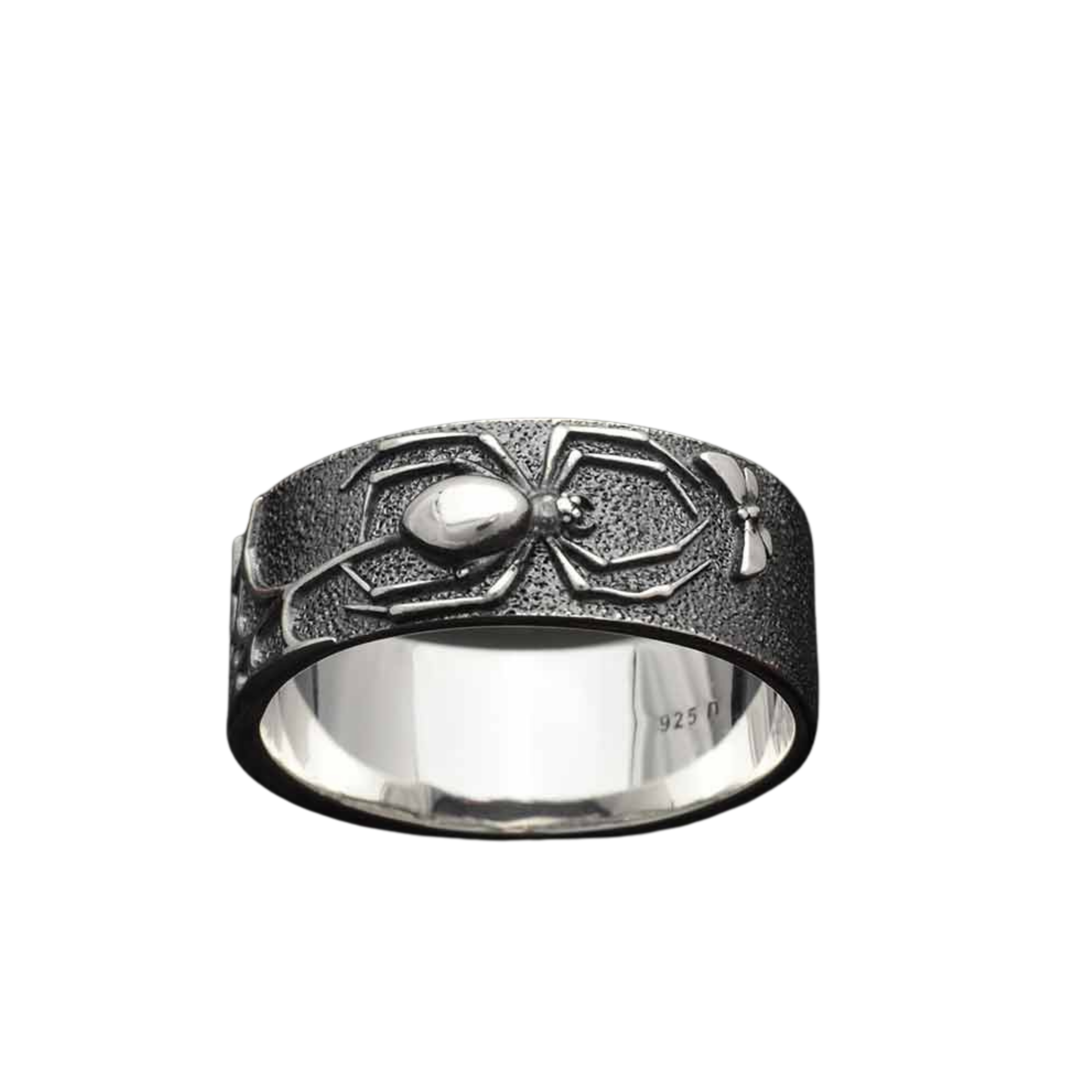 Sterling Silver Wide Band Spider and Web Ring