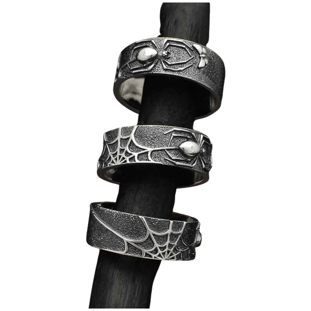 Sterling Silver Wide Band Spider and Web Ring