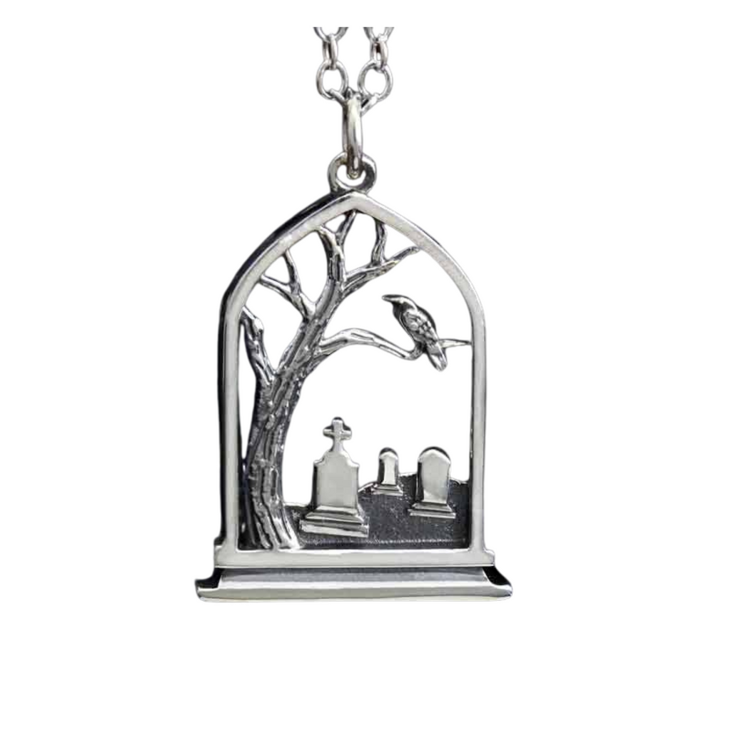 Recycled silver graveyard charm necklace, Gothic cemetery pendant necklace in sterling silver, Graveyard necklace with sterling silver chain, Goth jewelry sterling silver graveyard pendant, Recycled silver graveyard pendant necklace, Sterling silver gothic graveyard charm necklace